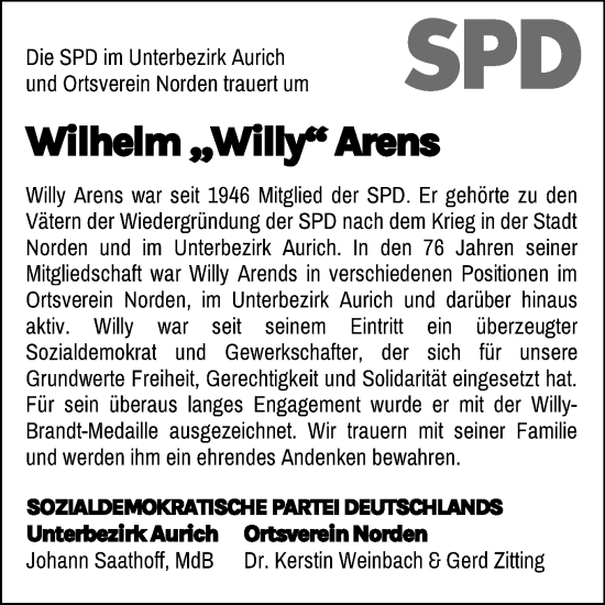 Traueranzeige von Wilhelm Arens 