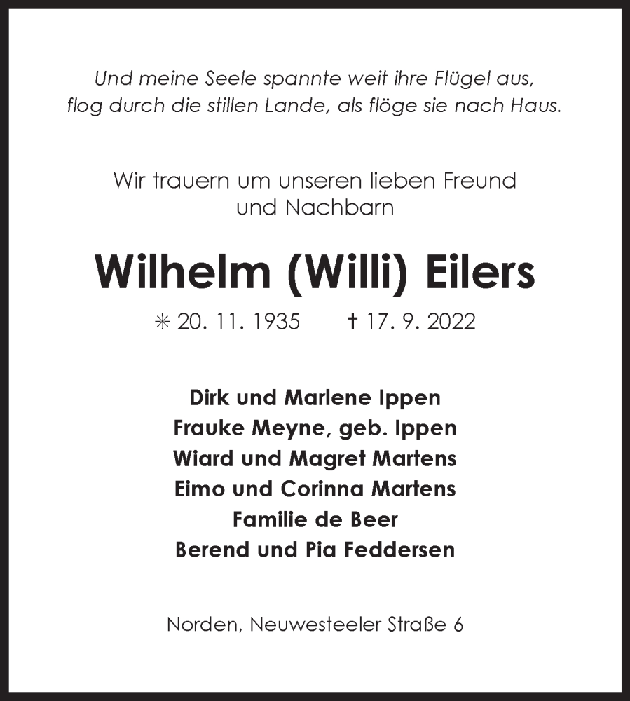  Traueranzeige für Wilhelm Eilers vom 21.09.2022 aus 