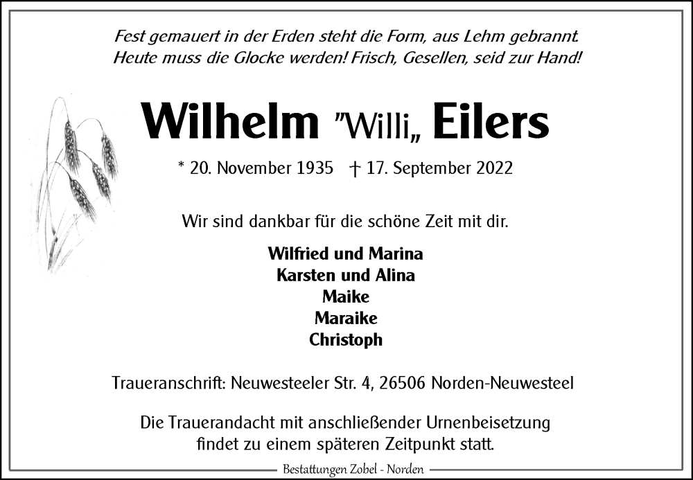  Traueranzeige für Wilhelm Eilers vom 21.09.2022 aus 