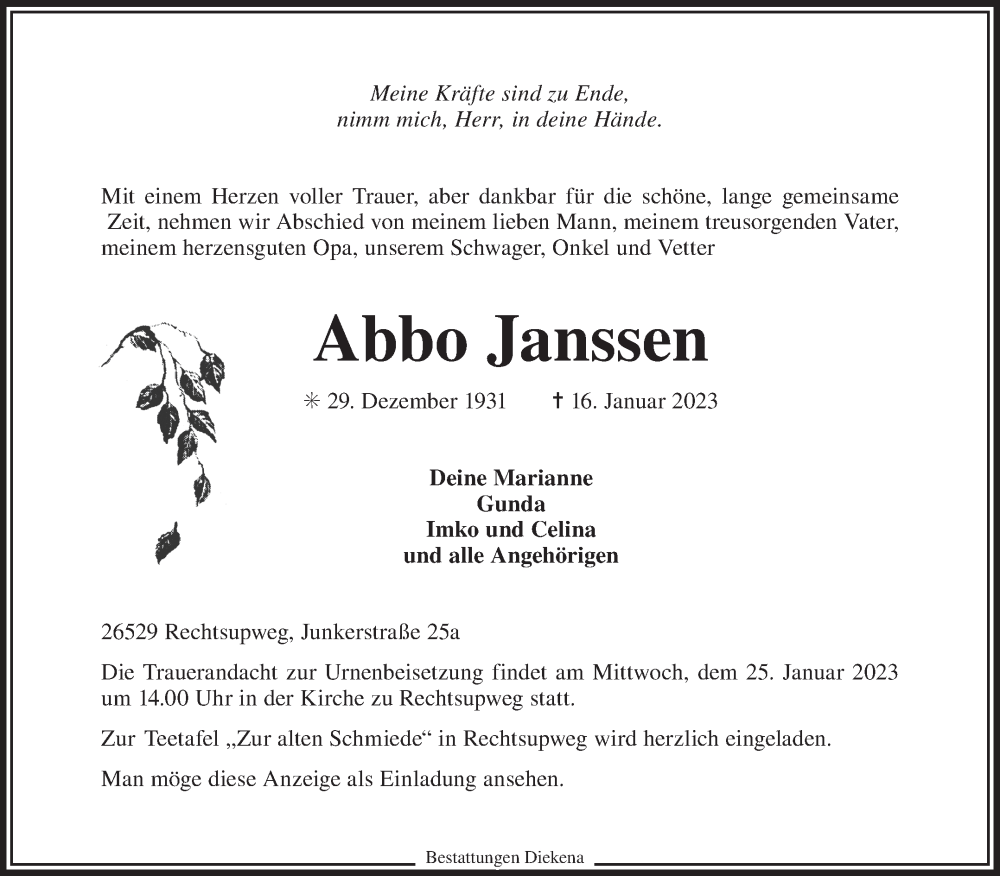  Traueranzeige für Abbo Janssen vom 18.01.2023 aus 