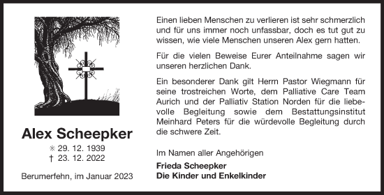 Traueranzeige von Alex Scheepker 