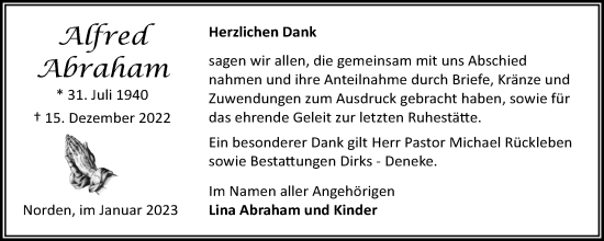Traueranzeige von Alfred Abraham 