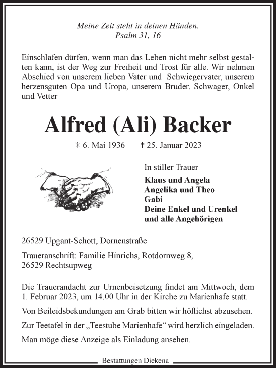 Traueranzeige von Alfred Backer 