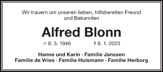 Traueranzeige von Alfred Blonn 