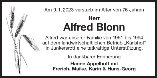 Traueranzeige von Alfred Blonn 
