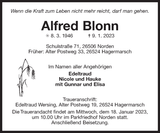 Traueranzeige von Alfred Blonn 