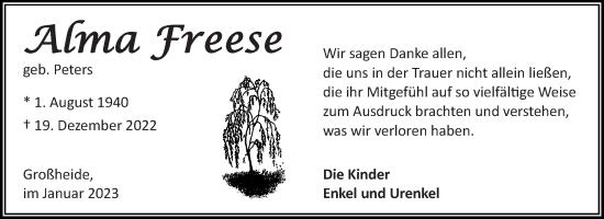 Traueranzeige von Alma Freese 