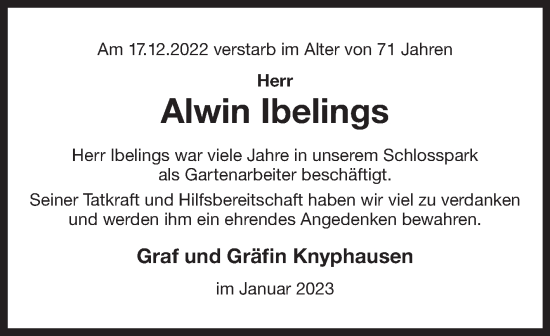 Traueranzeige von Alwin Ibelings 
