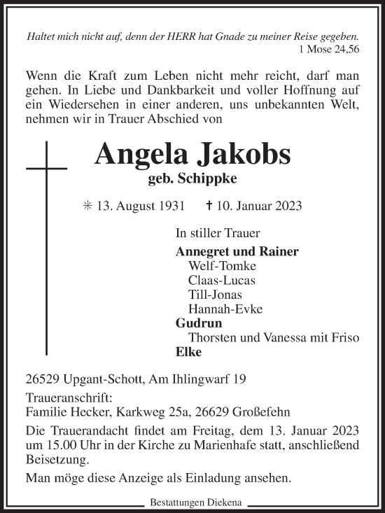 Traueranzeige von Angela Jakobs 
