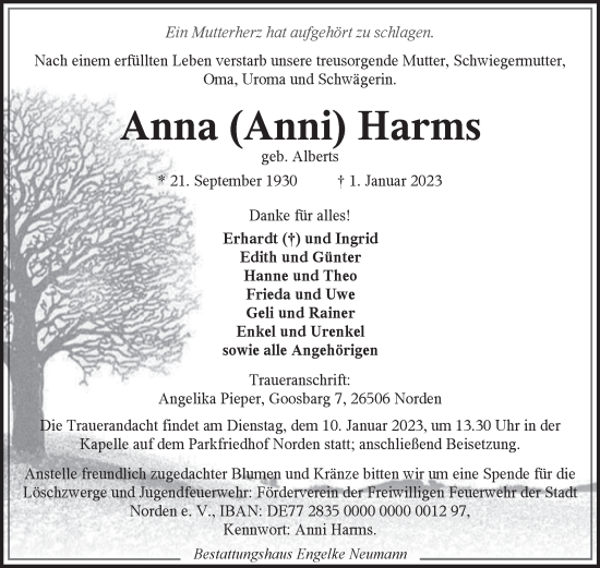 Traueranzeige von Anna Harms 