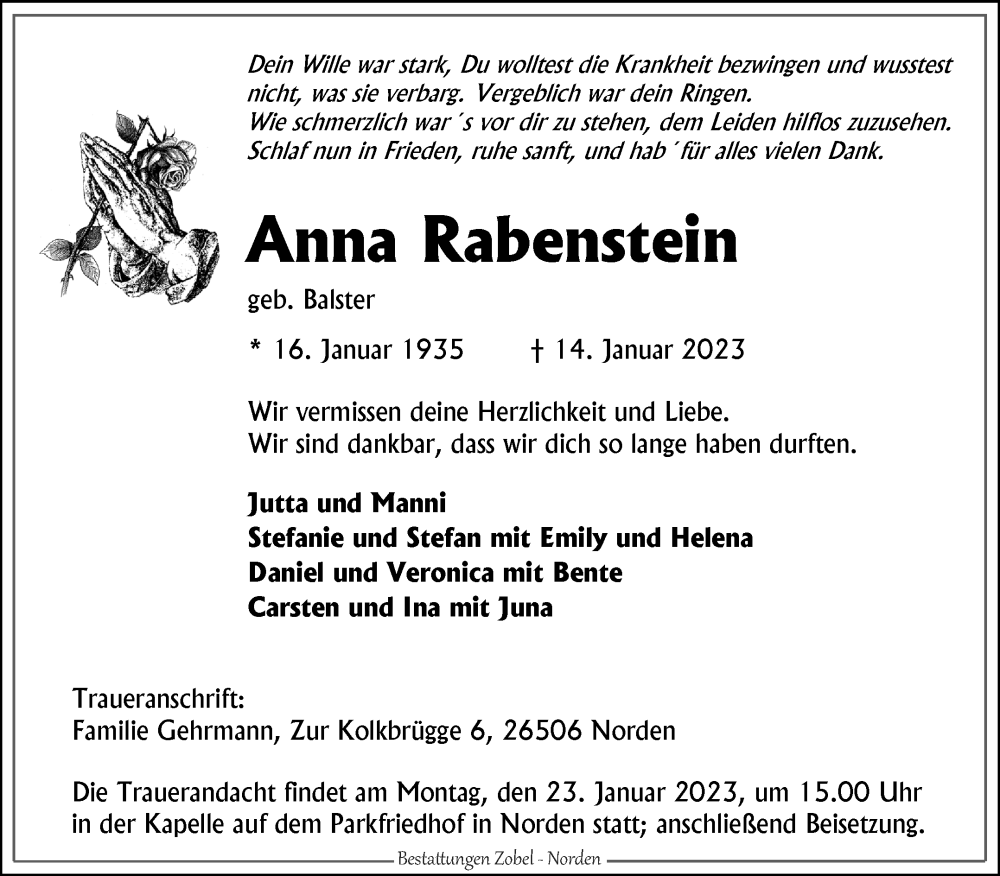  Traueranzeige für Anna Rabenstein vom 17.01.2023 aus 