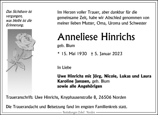 Traueranzeige von Anneliese Hinrichs 
