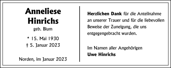 Traueranzeige von Anneliese Hinrichs 