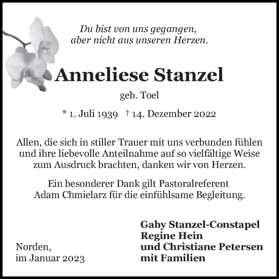 Traueranzeige von Anneliese Stanzel 