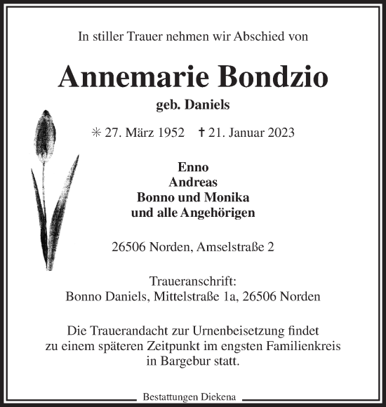 Traueranzeige von Annemarie Bondzio 