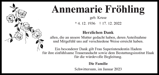 Traueranzeige von Annemarie Fröhling 