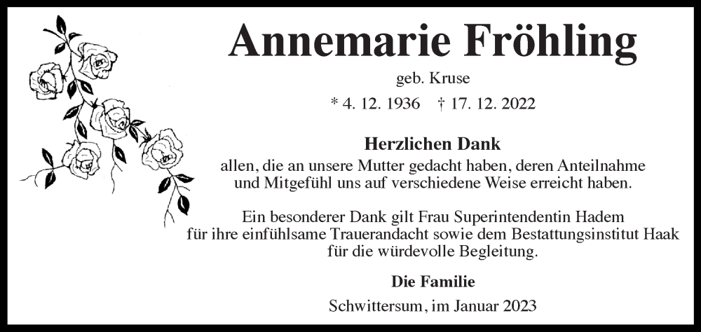  Traueranzeige für Annemarie Fröhling vom 28.01.2023 aus 