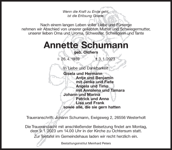 Traueranzeigen von Annette Schumann | OK-Trauer.de
