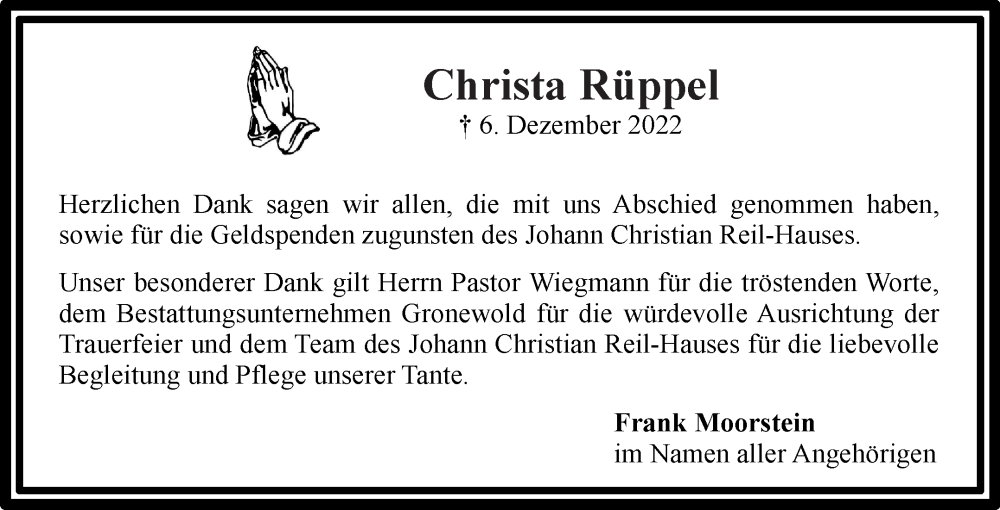  Traueranzeige für Christa Rüppel vom 14.01.2023 aus 