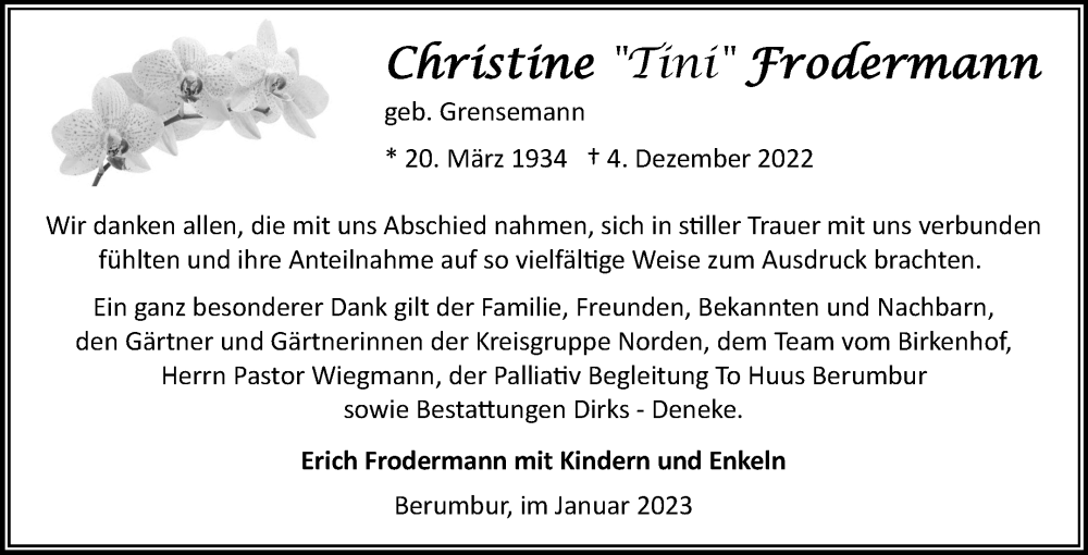  Traueranzeige für Christine Frodermann vom 28.01.2023 aus 
