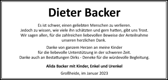 Traueranzeige von Dieter Backer 