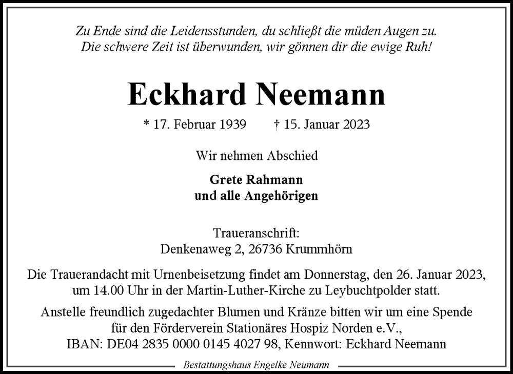  Traueranzeige für Eckhard Neemann vom 17.01.2023 aus 