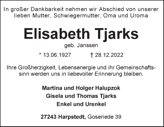 Traueranzeige von Elisabeth Tjarks 
