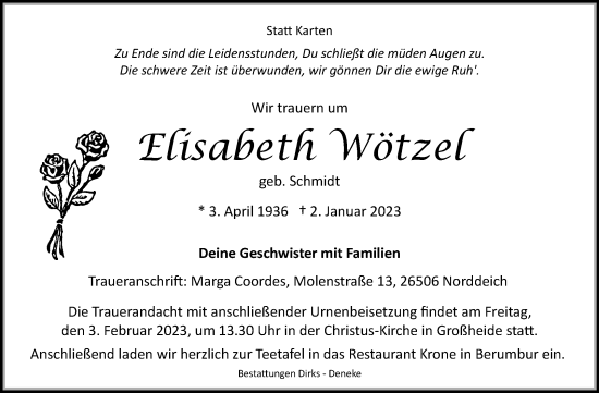 Traueranzeige von Elisabeth Wötzel 