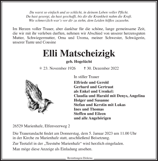 Traueranzeige von Elli Matscheizigk 