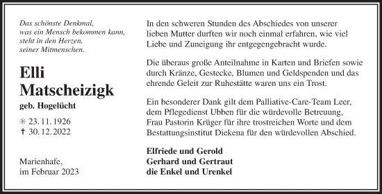 Traueranzeige von Elli Matscheizigk 