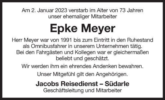 Traueranzeige von Epke Meyer 