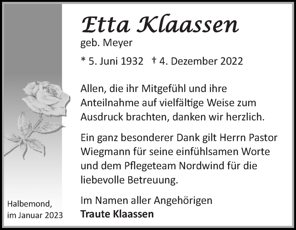  Traueranzeige für Etta Klaassen vom 14.01.2023 aus 