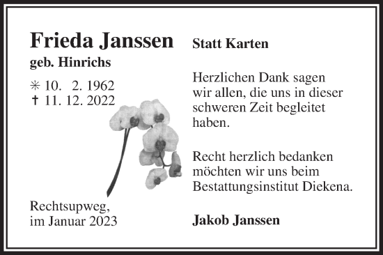 Traueranzeige von Frieda Janssen 
