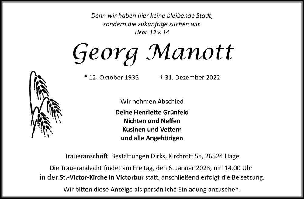  Traueranzeige für Georg Manott vom 04.01.2023 aus 