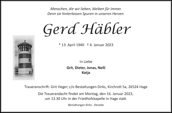 Traueranzeige von Gerd Häbler 