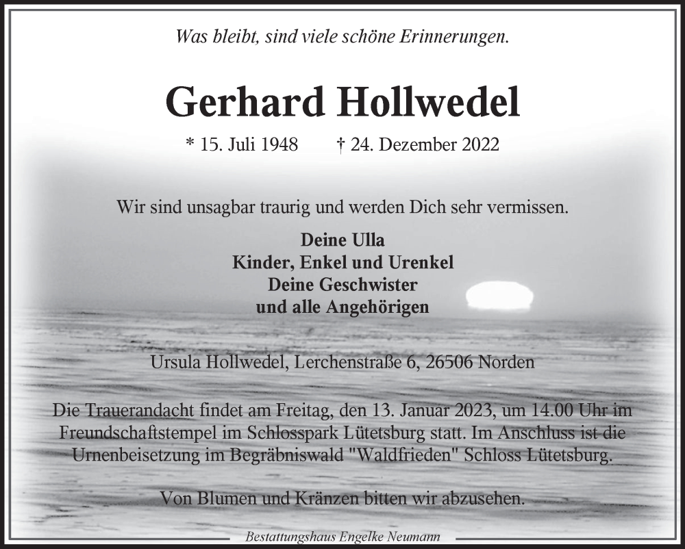  Traueranzeige für Gerhard Hollwedel vom 05.01.2023 aus 