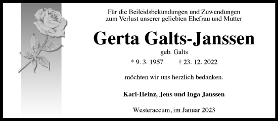 Traueranzeige von Gerta Galts-Janssen 