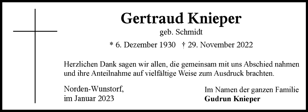  Traueranzeige für Gertraud Knieper vom 07.01.2023 aus 
