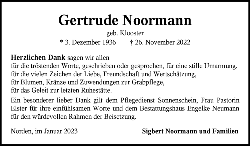 Traueranzeige für Gertrude Noormann vom 07.01.2023 aus 