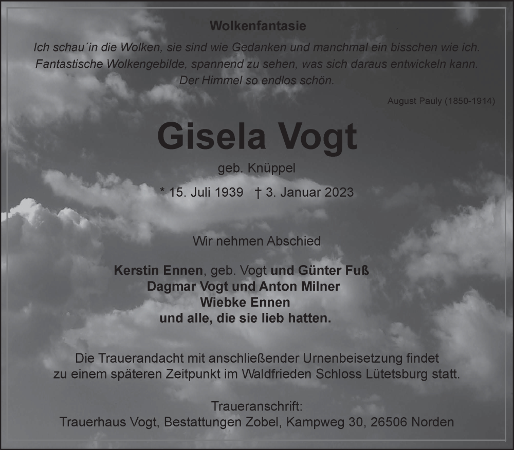  Traueranzeige für Gisela Vogt vom 07.01.2023 aus 