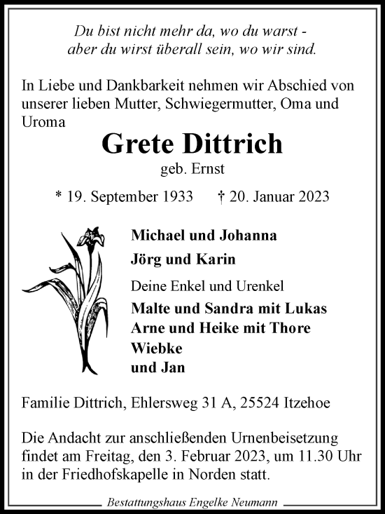 Traueranzeige von Grete Dittrich 