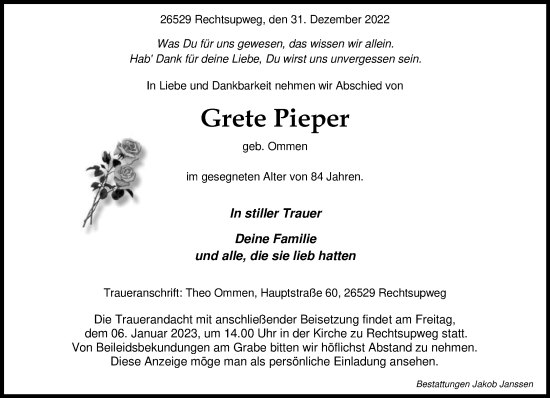 Traueranzeige von Grete Pieper 