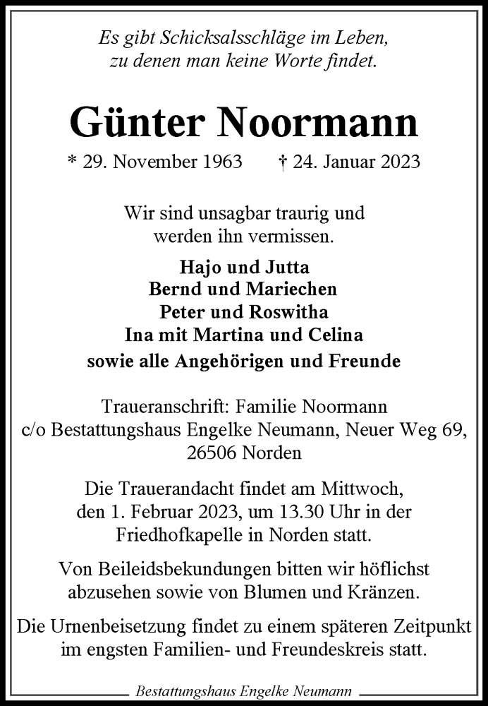  Traueranzeige für Günter Noormann vom 28.01.2023 aus 