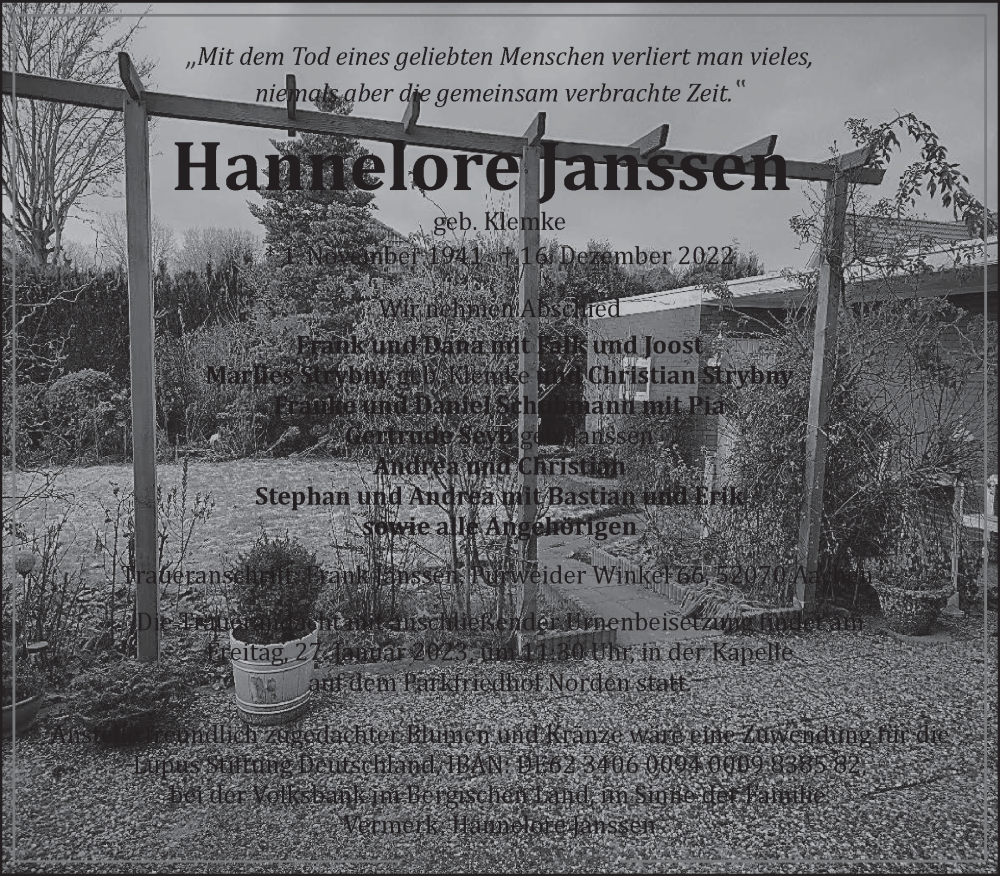  Traueranzeige für Hannelore Janssen vom 07.01.2023 aus 
