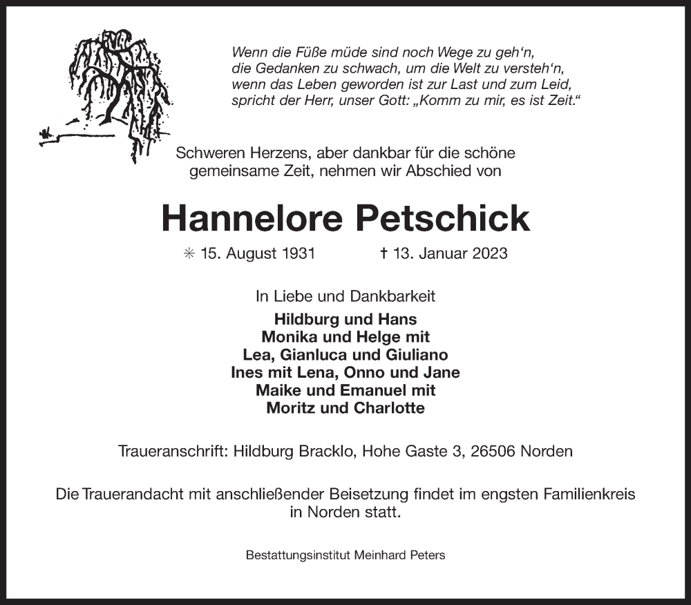  Traueranzeige für Hannelore Petschick vom 18.01.2023 aus 