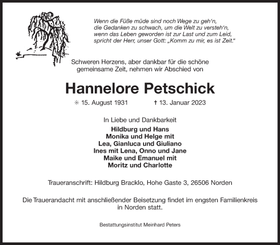 Traueranzeige von Hannelore Petschick 