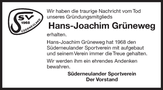 Traueranzeige von Hans-Joachim Grüneweg 
