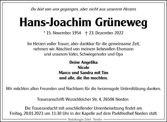 Traueranzeige von Hans-Joachim Grüneweg 