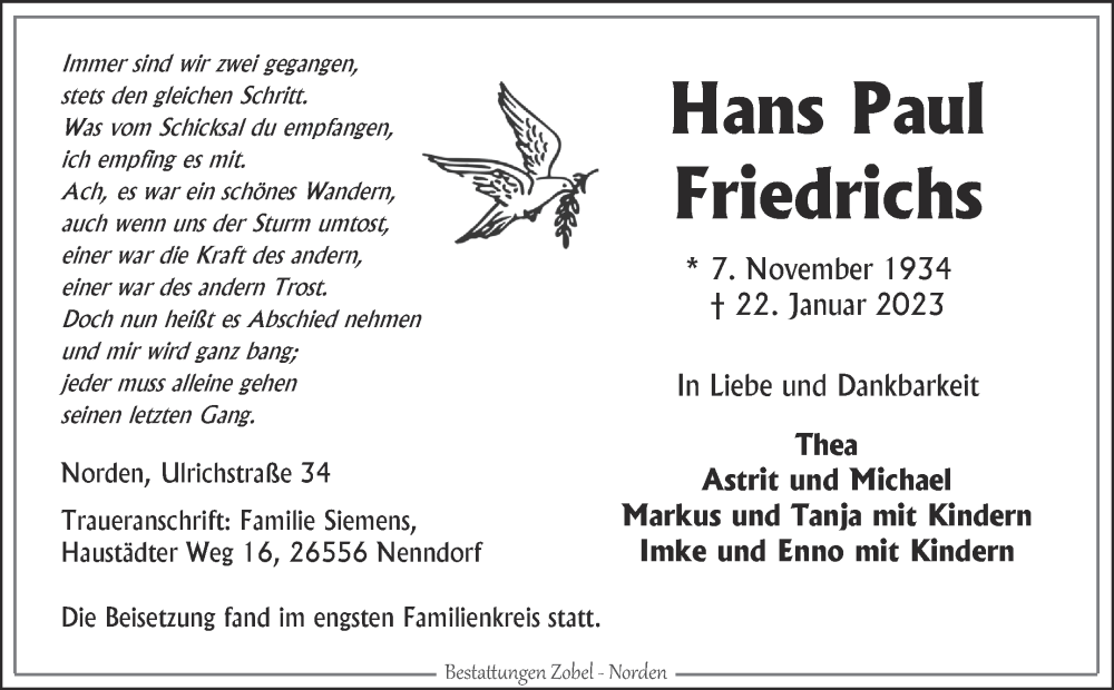  Traueranzeige für Hans Paul Friedrichs vom 28.01.2023 aus 
