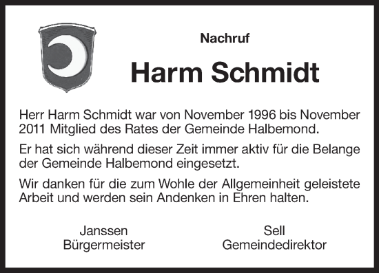 Traueranzeige von Harm Schmidt 